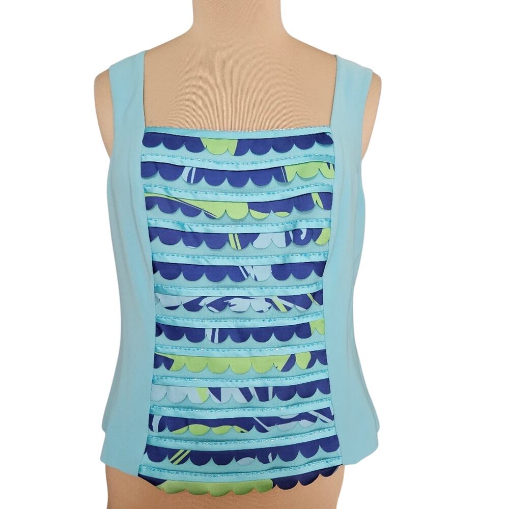 Louise Ricci Beaded Aqua Blue Top Scallop Front Plus Size 14 Square‎ Neck Career